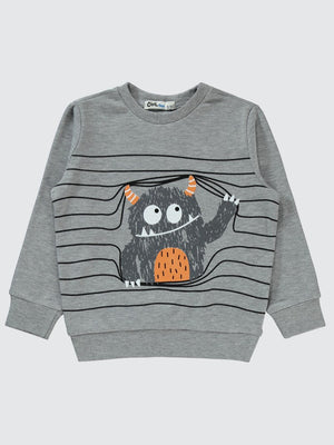Civil Boys Çizgili Canavar Baskılı 2-5 Yaş Sweatshirt - Gri