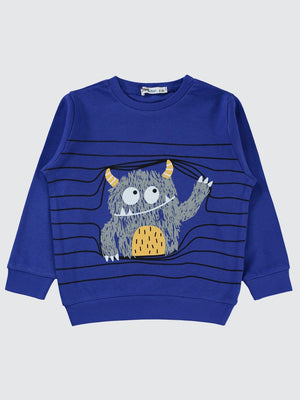 Civil Boys Çizgili Canavar Baskılı 2-5 Yaş Sweatshirt - Mavi