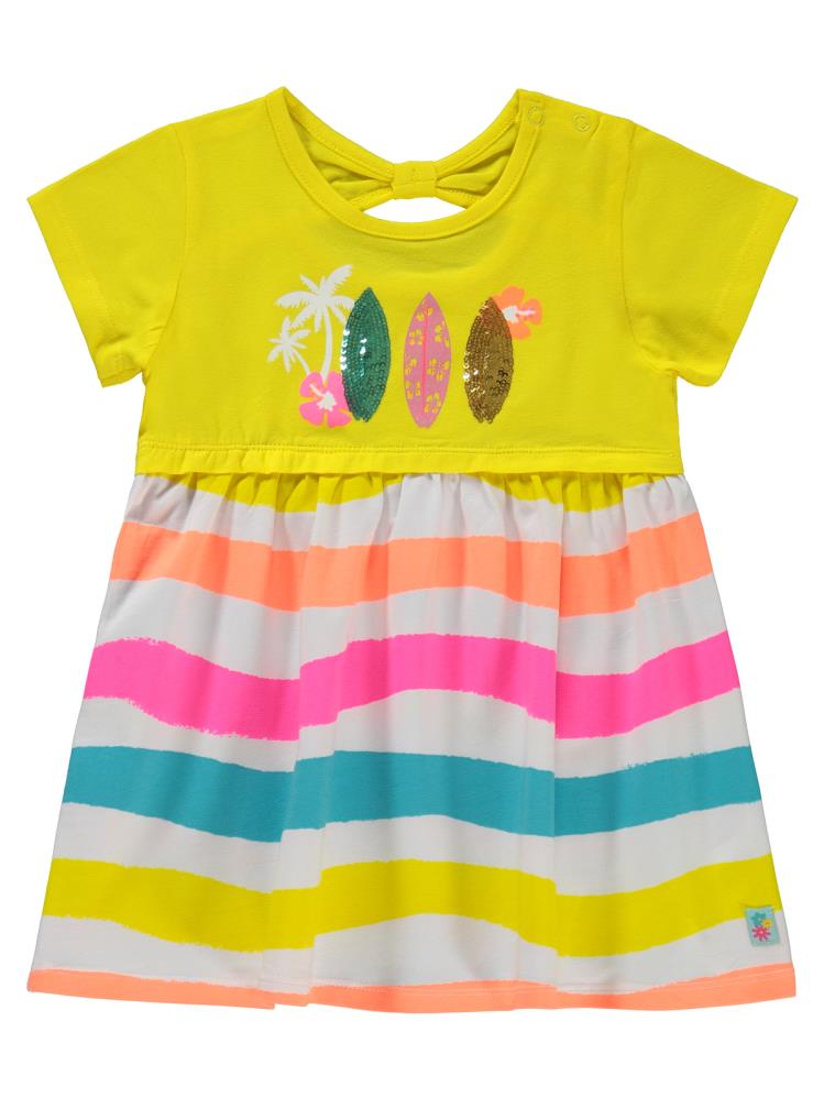 Civil Baby Dalga Eskitme Çizgi Emp. Baskı-Nakışlı 6-18 Ay Elbise - Sarı