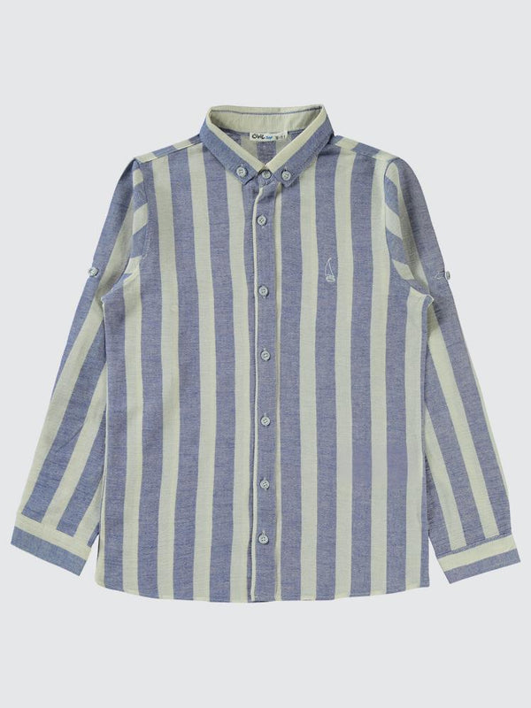 Civil Boys Çizgili Yelken Nakışlı 10-13 Yaş Gömlek - Mavi