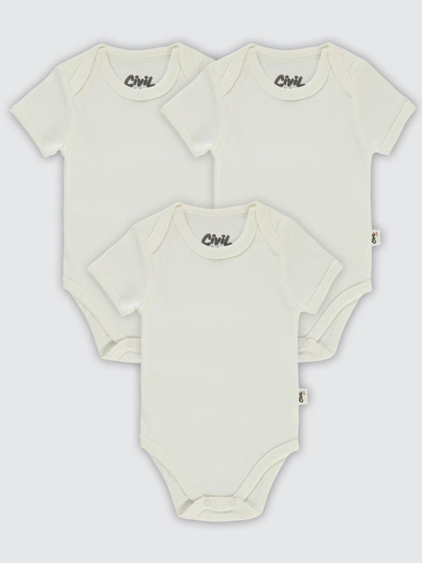 Civil Baby Düz Kısa Kol 3 lü 1-3 Yaş Çıtçıtlı Badi - Beyaz