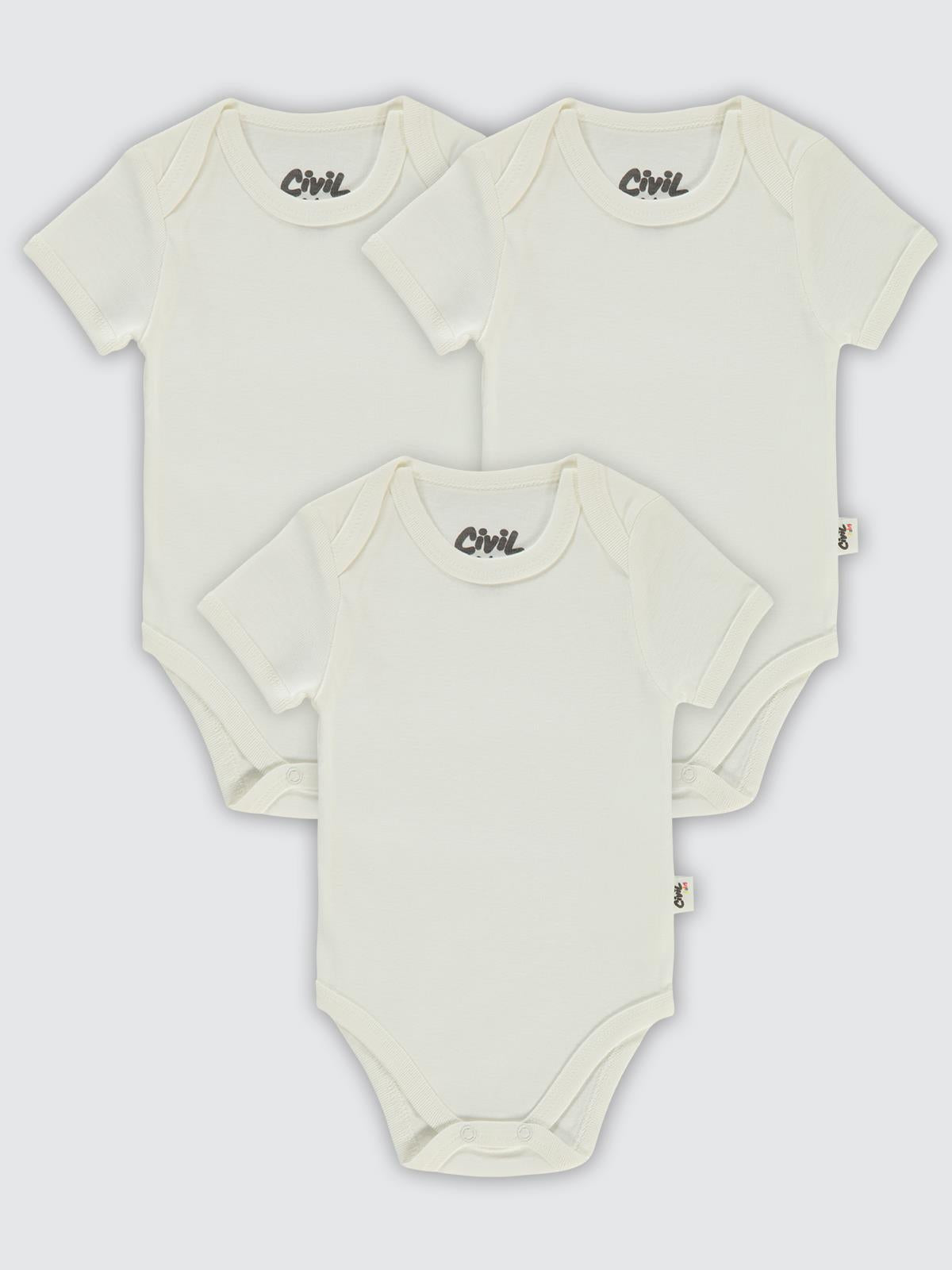Civil Baby Düz Kısa Kol 3 lü 0-1 Ay Çıtçıtlı Badi - Beyaz