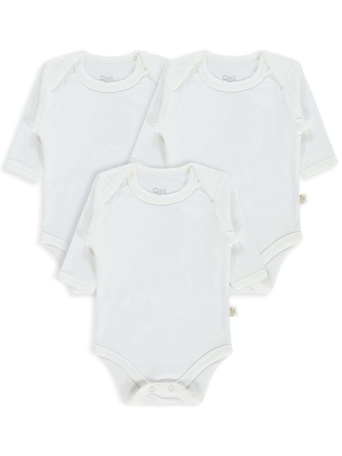 Civil Baby Düz Uzun Kol 3 lü 3-9 Ay Çıtçıtlı Badi - Beyaz