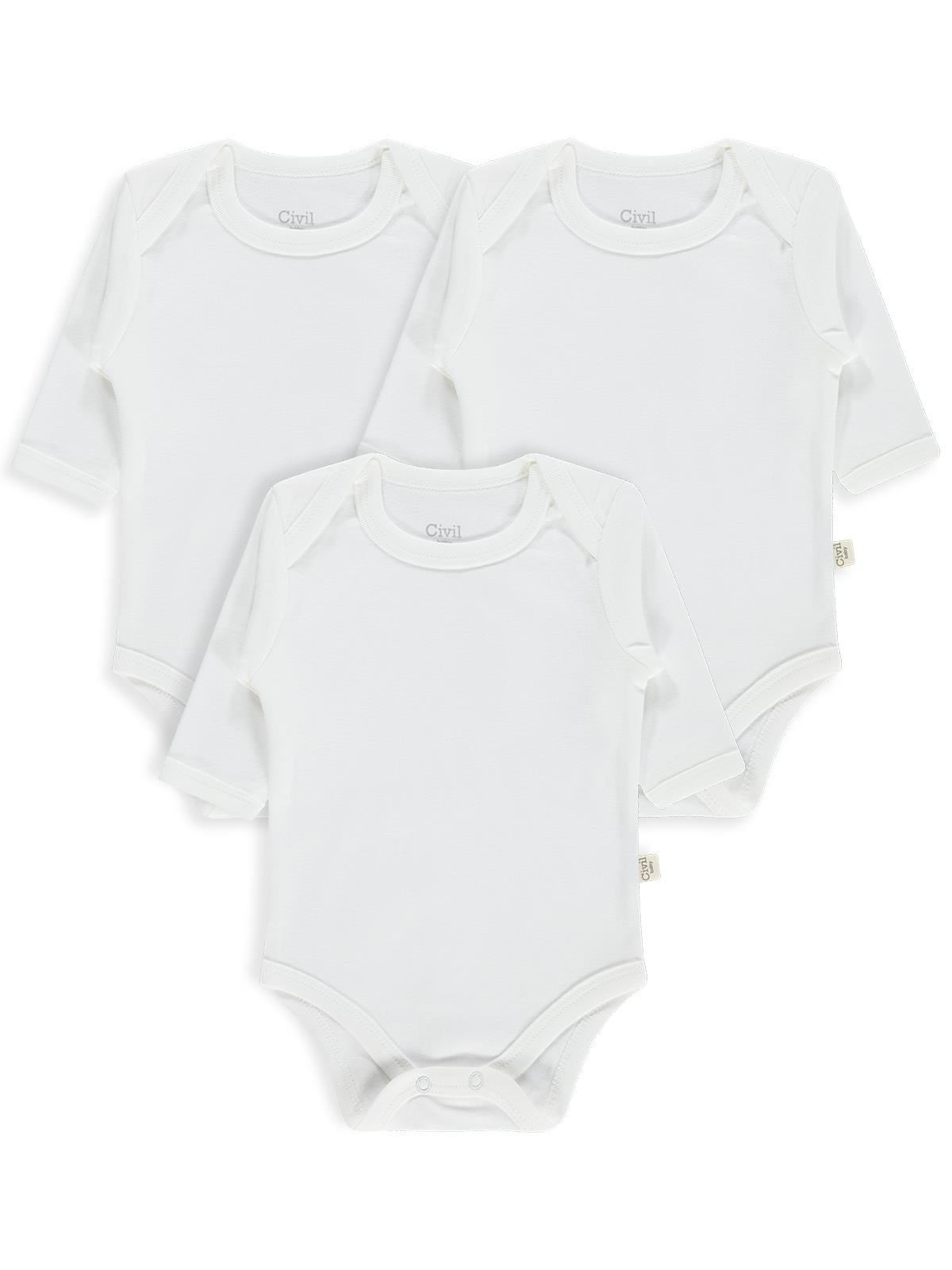 Civil Baby 3 lü Düz Uzun Kol 0-36 Ay Çıtçıtlı Badi - Beyaz