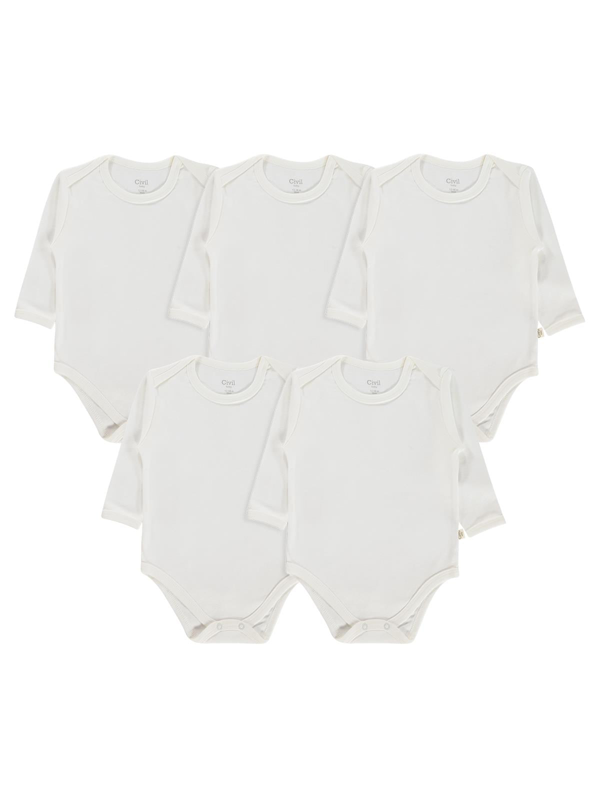 Civil Baby 5 li Düz Uzun Kol 0-36 Ay Çıtçıtlı Badi - Beyaz