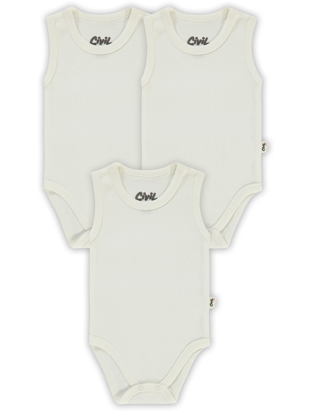 Civil Baby Düz Sıfır Kol 3 lü 0-1 Ay Çıtçıtlı Badi - Beyaz