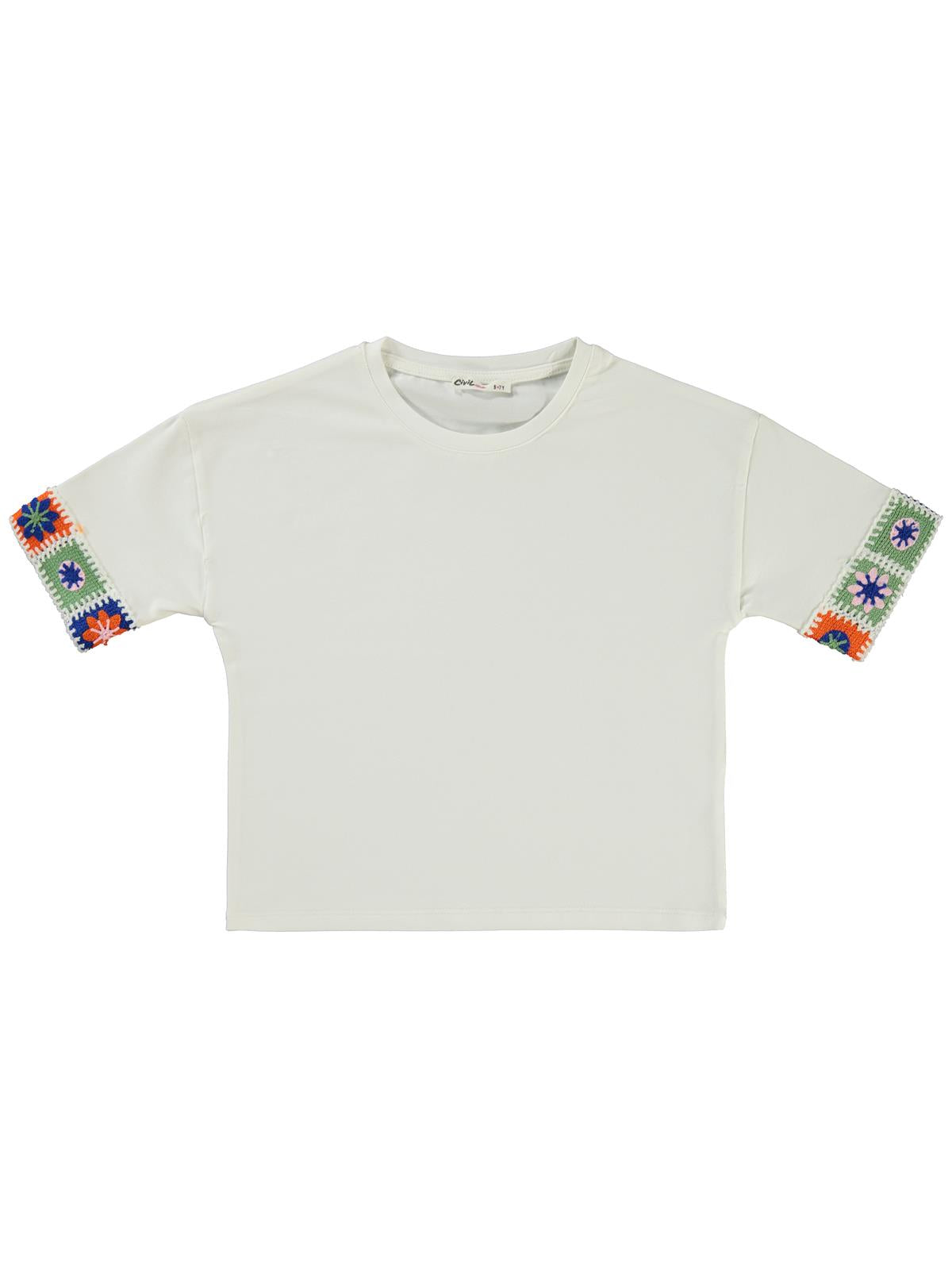Civil Girls Kolu Desenli 6-9 Yaş Tişört - Ekru