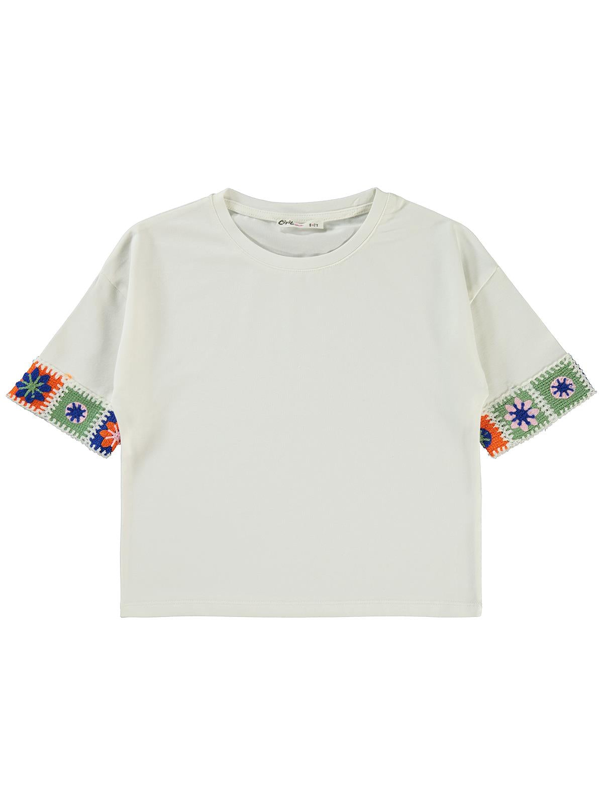 Civil Girls Kolu Desenli 6-9 Yaş Tişört - Ekru