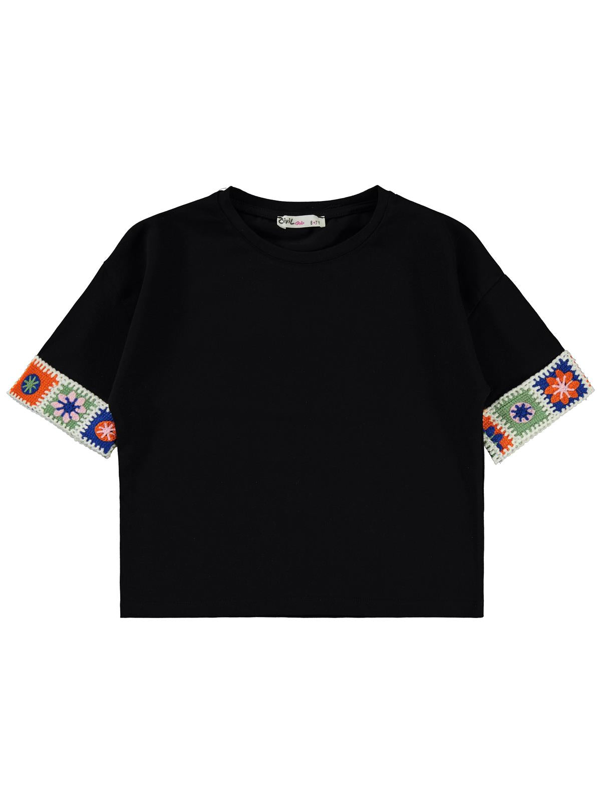 Civil Girls Kolu Desenli 6-9 Yaş Tişört - Siyah