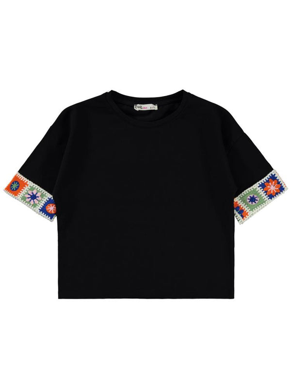 Civil Girls Kolu Desenli 6-9 Yaş Tişört - Siyah