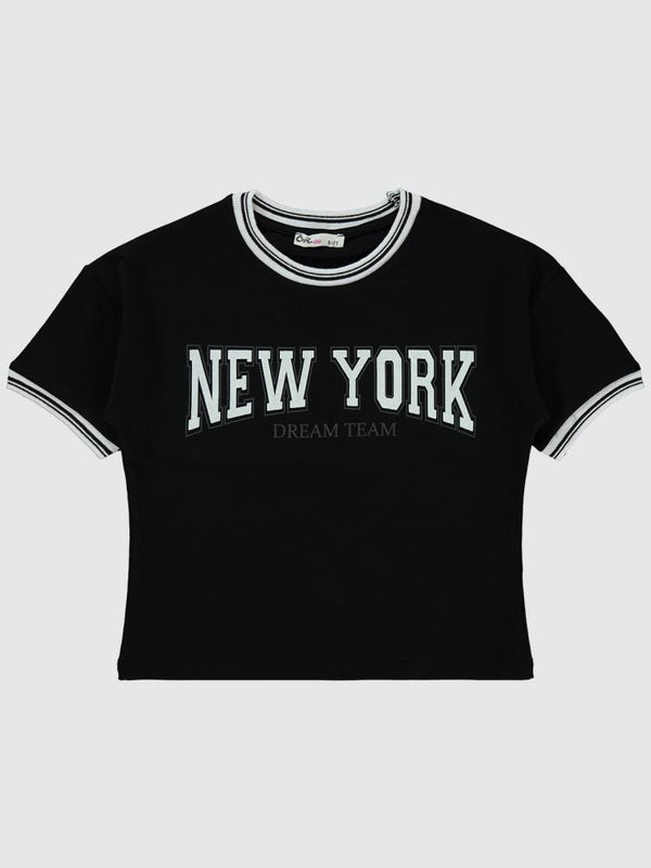 Civil Girls New York Baskılı 6-9 Yaş Tişört - Siyah