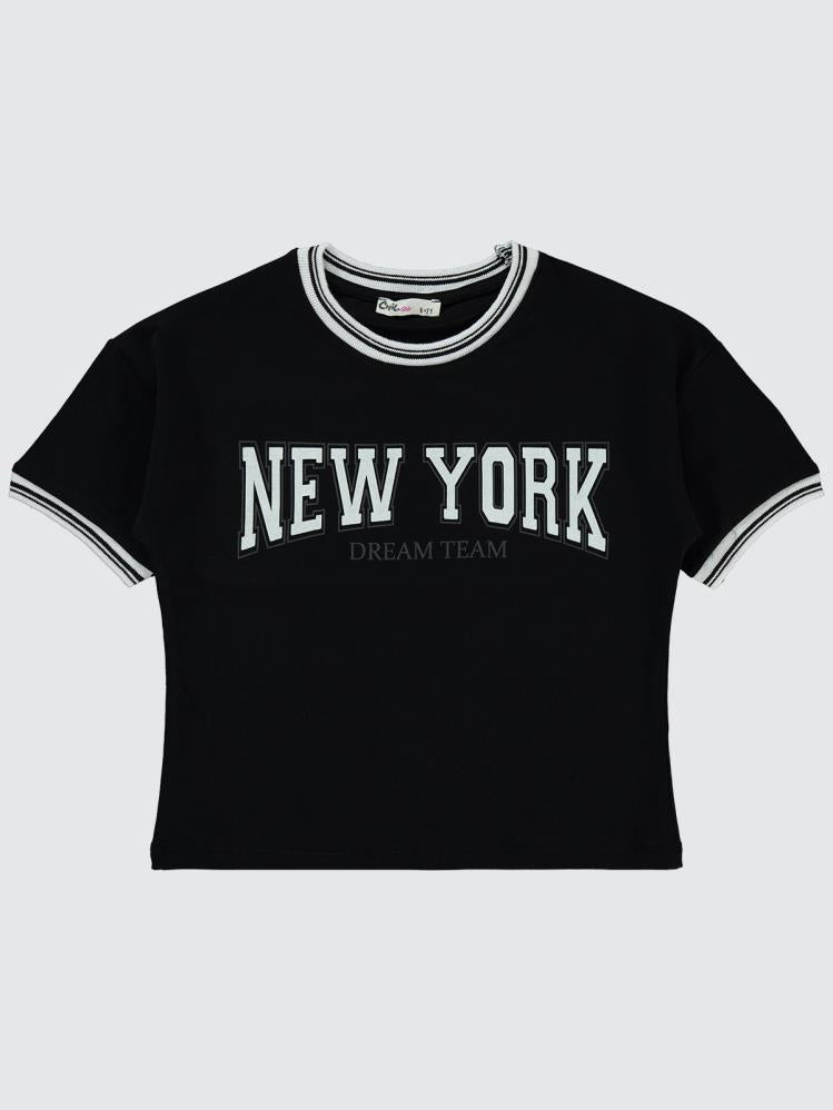 Civil Girls New York Baskılı 6-9 Yaş Tişört - Siyah