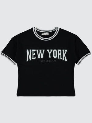 Civil Girls New York Baskılı 6-9 Yaş Tişört - Siyah