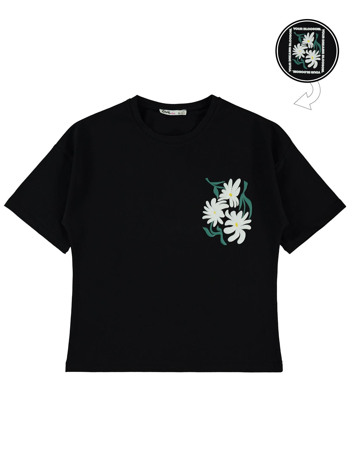 Civil Girls Papatya Baskılı 10-13 Yaş Tişört - Siyah