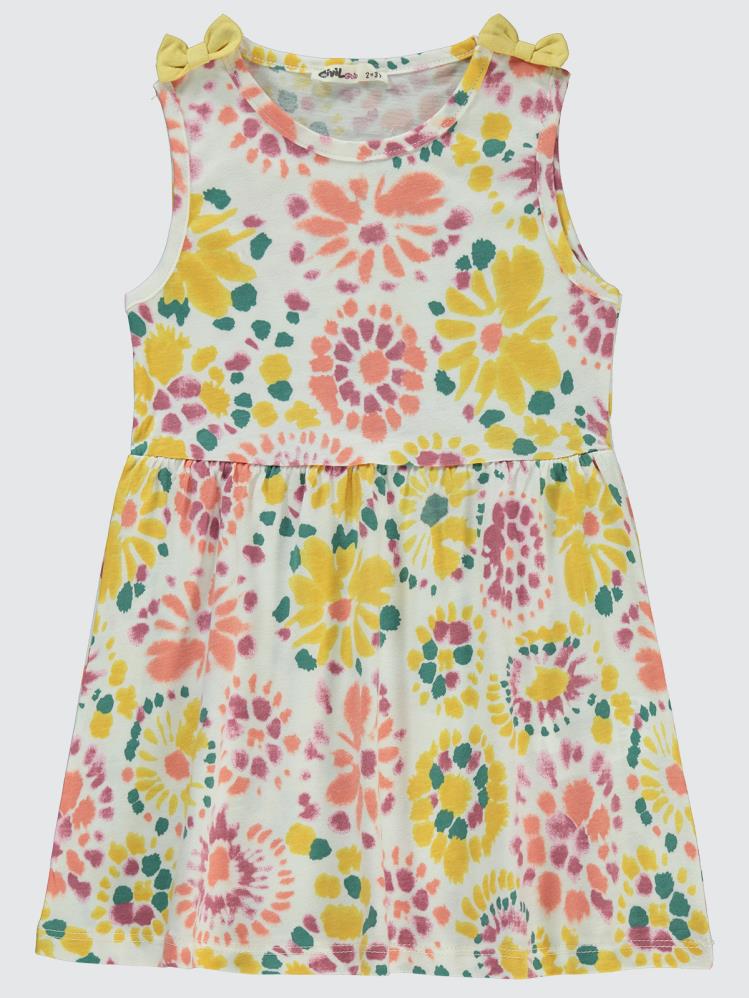 Civil Girls Sulu Boya Desenli 2-5 Yaş Elbise - Ekru