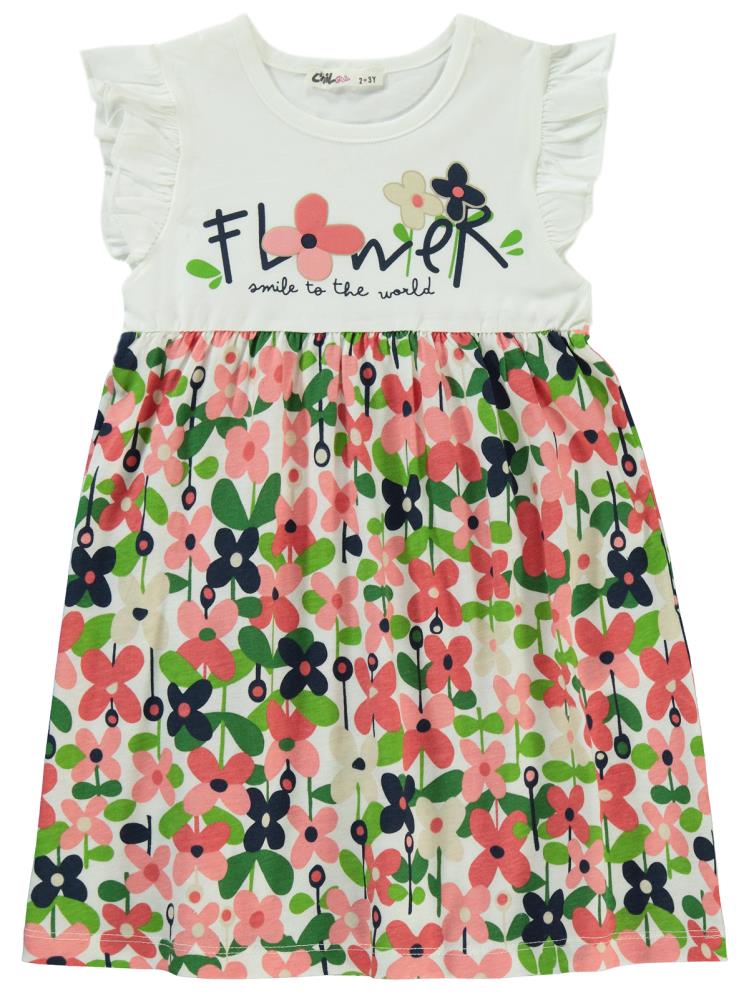 Civil Girls Flowers Baskılı 2-5 Yaş Elbise - Ekru