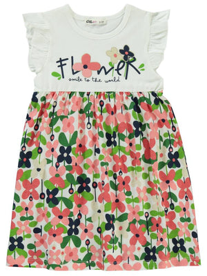 Civil Girls Flowers Baskılı 2-5 Yaş Elbise - Ekru