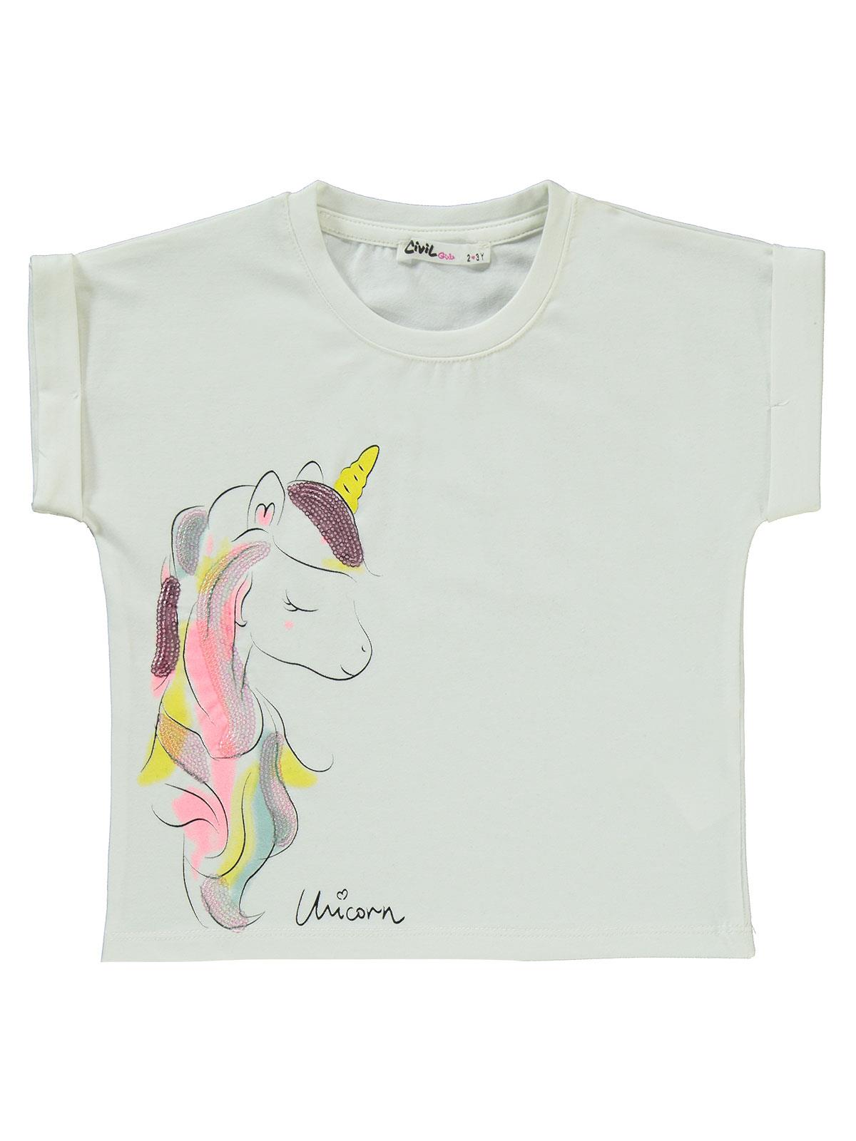 Civil Girls Simli Unicorn Baskılı 2-5 Yaş Takım - Ekru