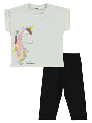 Civil Girls Simli Unicorn Baskılı 2-5 Yaş Takım - Ekru