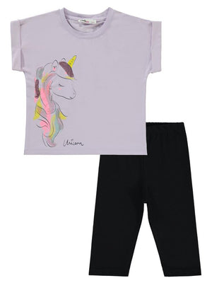 Civil Girls Simli Unicorn Baskılı 2-5 Yaş Takım - Lila