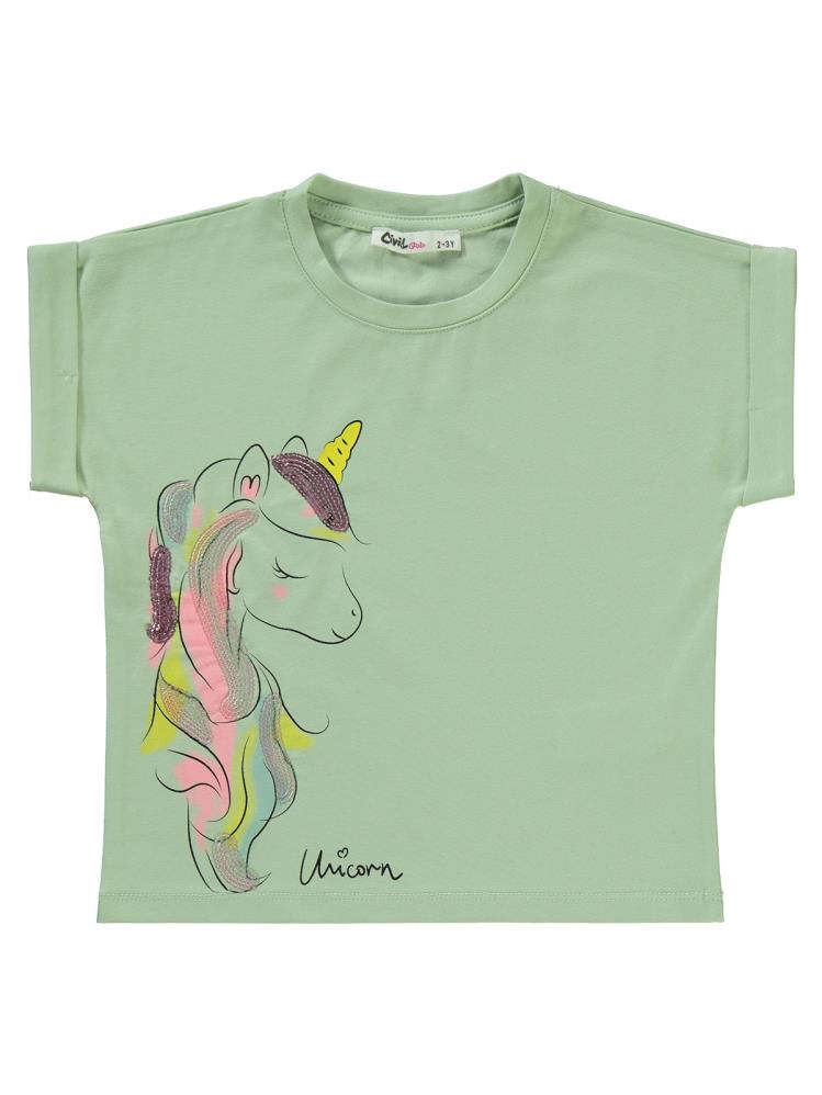 Civil Girls Simli Unicorn Baskılı 2-5 Yaş Takım - Yeşil
