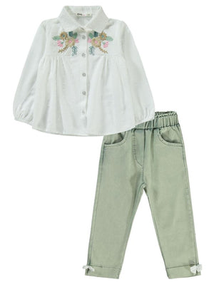 Civil Girls Çiçek Nakışlı 2-5 Yaş Takım - Ekru