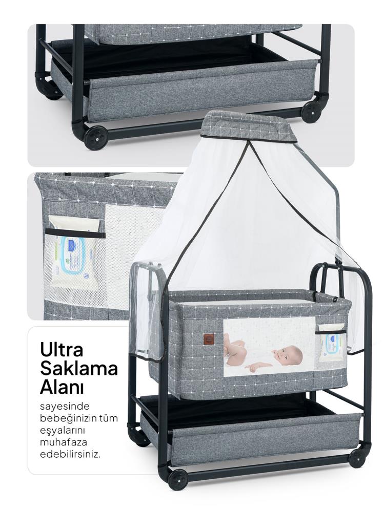 Kujju Elegance Cibinlikli Anne Yanı Sallanır Beşik - Gri