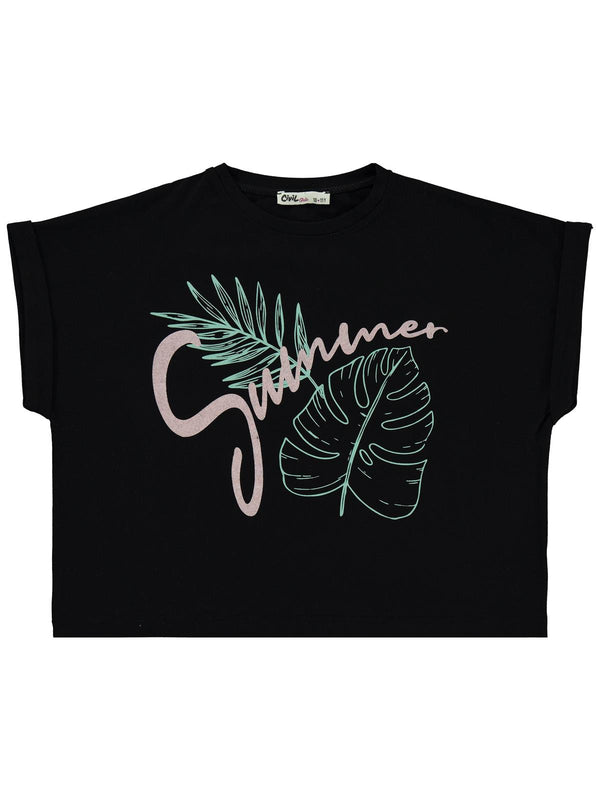 Civil Girls Summer Baskılı 10-13 Yaş Tişört - Siyah
