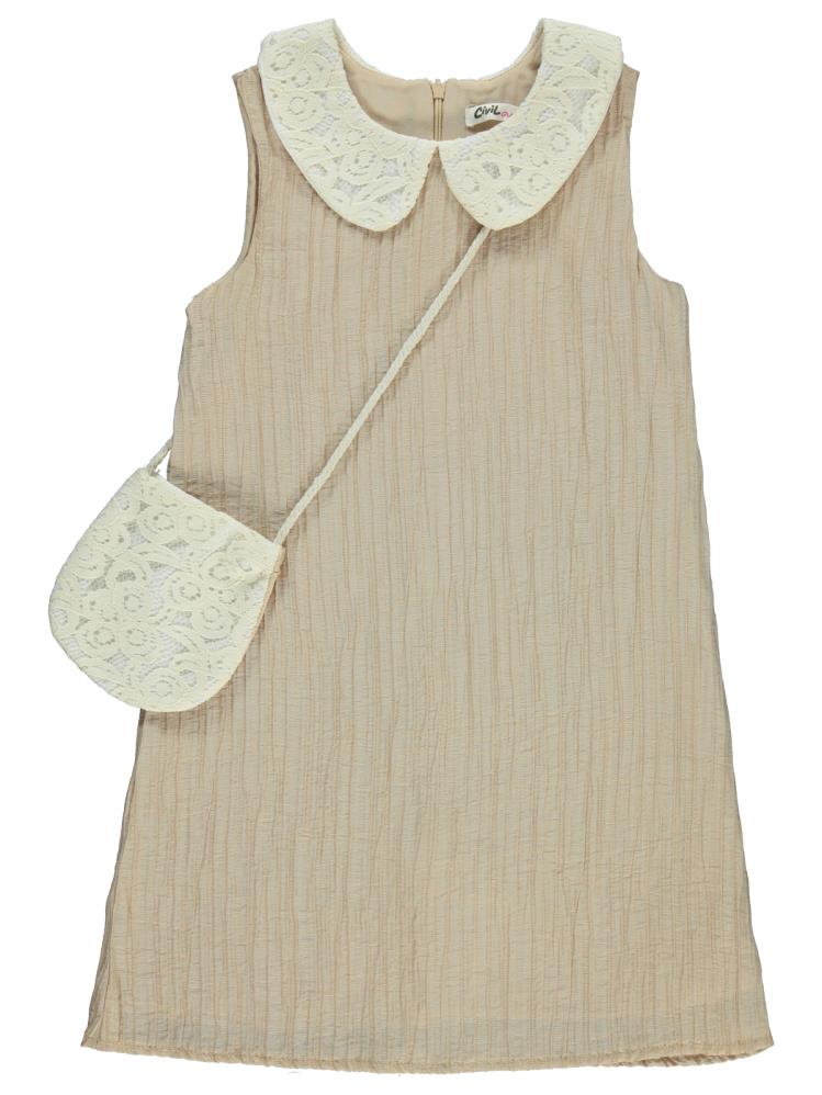 Civil Girls Yakası Dantelli 6-9 Yaş Elbise - Bej