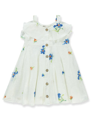 Civil Girls Çiçek Nakışlı 6-9 Yaş Elbise - Ekru