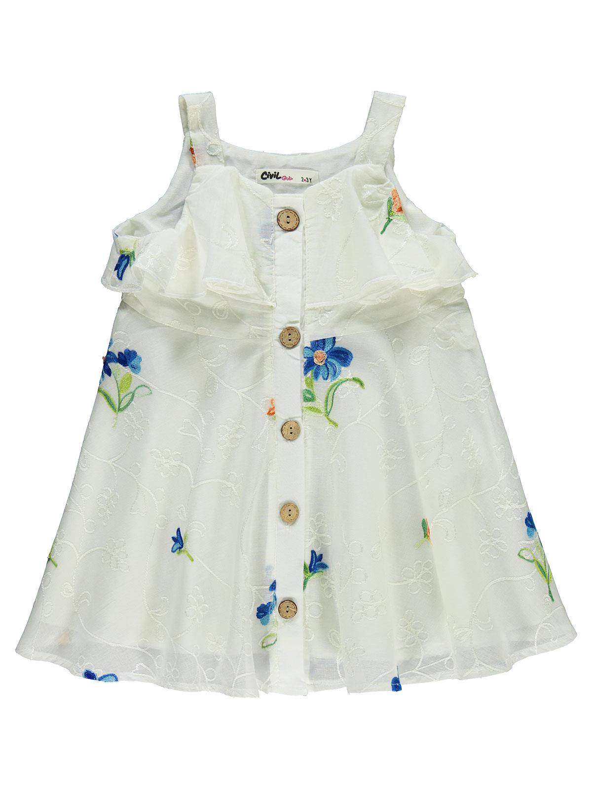 Civil Girls Çiçek Nakışlı 2-5 Yaş Elbise - Ekru
