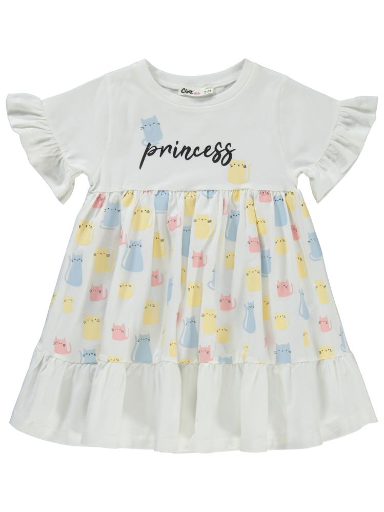 Civil Girls Kedi Baskılı 2-5 Yaş Elbise - Ekru
