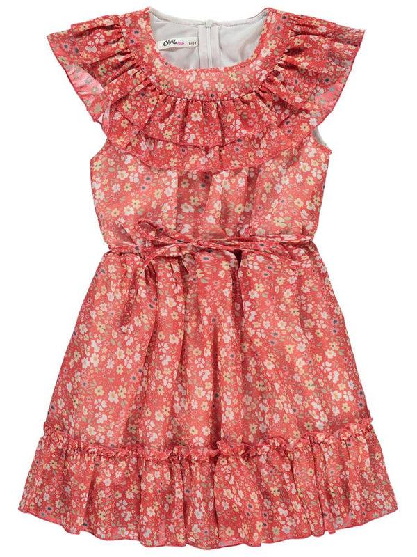 Civil Girls Çiçek Desenli 6-9 Yaş Elbise - Kırmızı