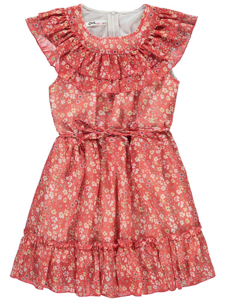 Civil Girls Çiçek Desenli 6-9 Yaş Elbise - Kırmızı