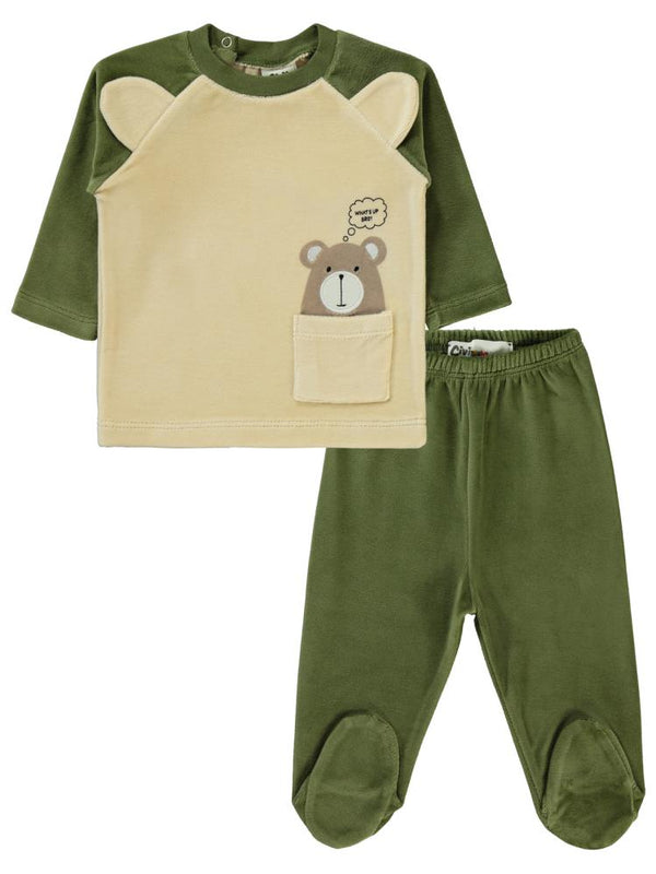 Civil Baby Kulaklı Ayıcık Baskılı 1-6 Ay Pijama Takımı - Haki