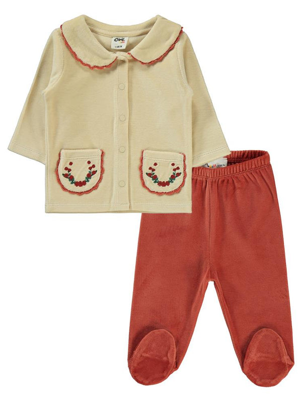 Civil Baby Yaka Ve Cep Nakışlı 1-6 Ay Pijama Takımı - Kahverengi