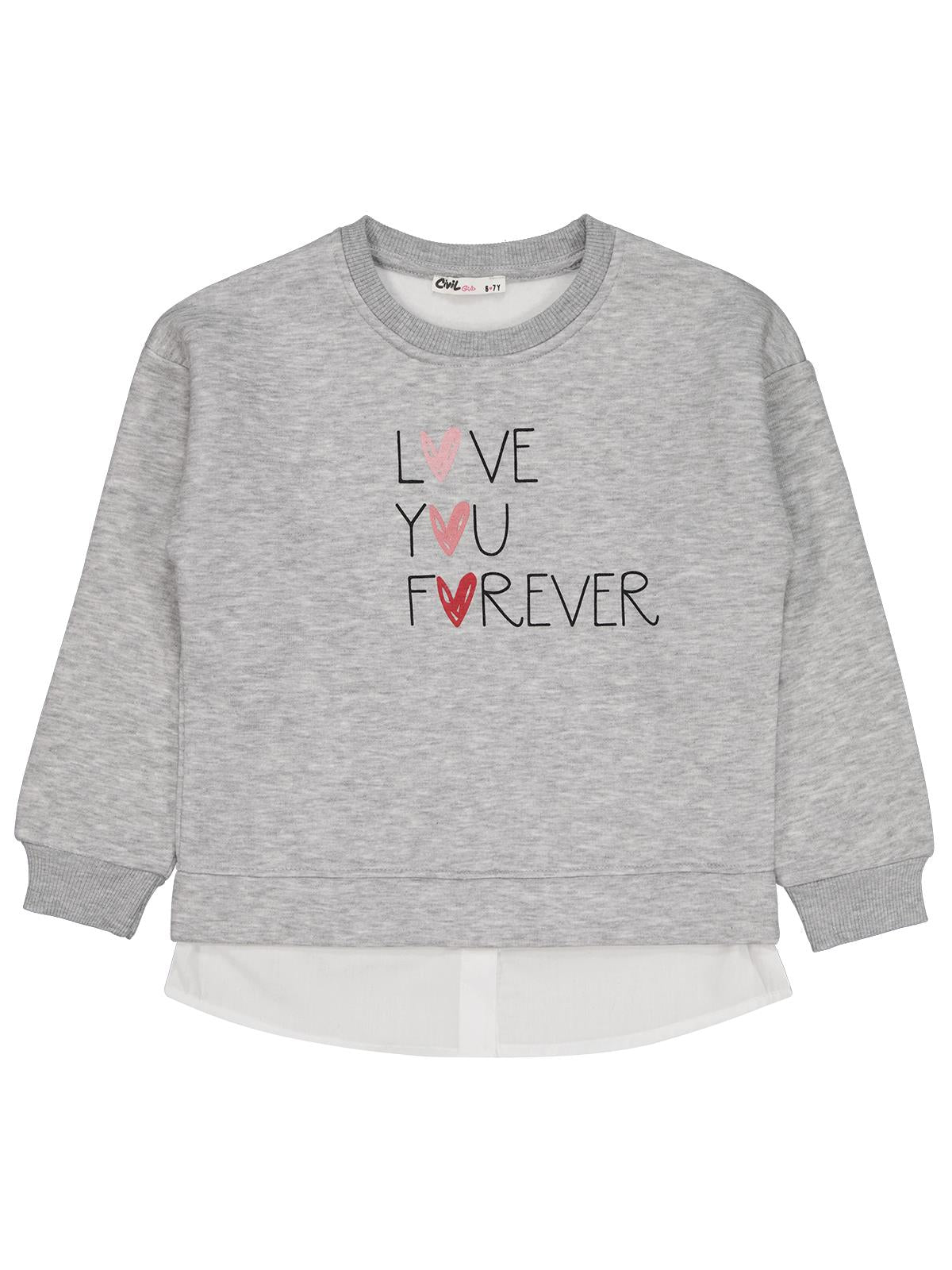 Civil Kız Çocuk Love You Forever Baskılı Sweatshirt | 3 İp Uzun Kol | Okul Kreş ve Günlük Kullanım - Gri