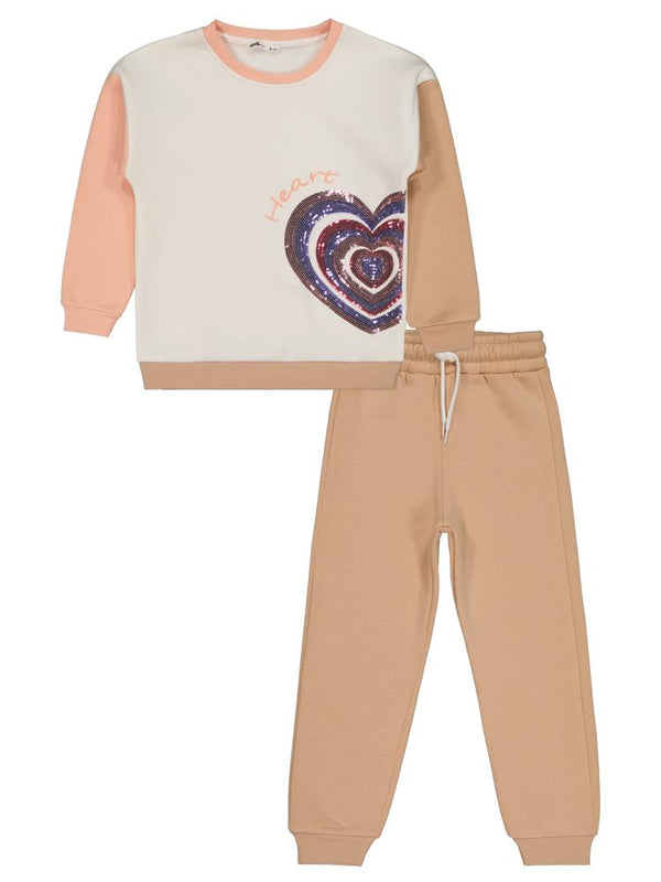 Civil Girls Kalp Baskılı 6-9 Yaş Eşofman Takımı - Bej