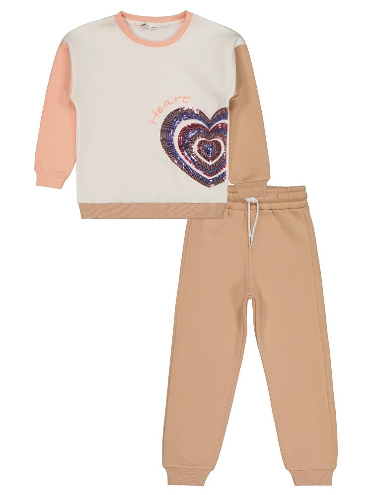 Civil Girls Kalp Baskılı 6-9 Yaş Eşofman Takımı - Bej