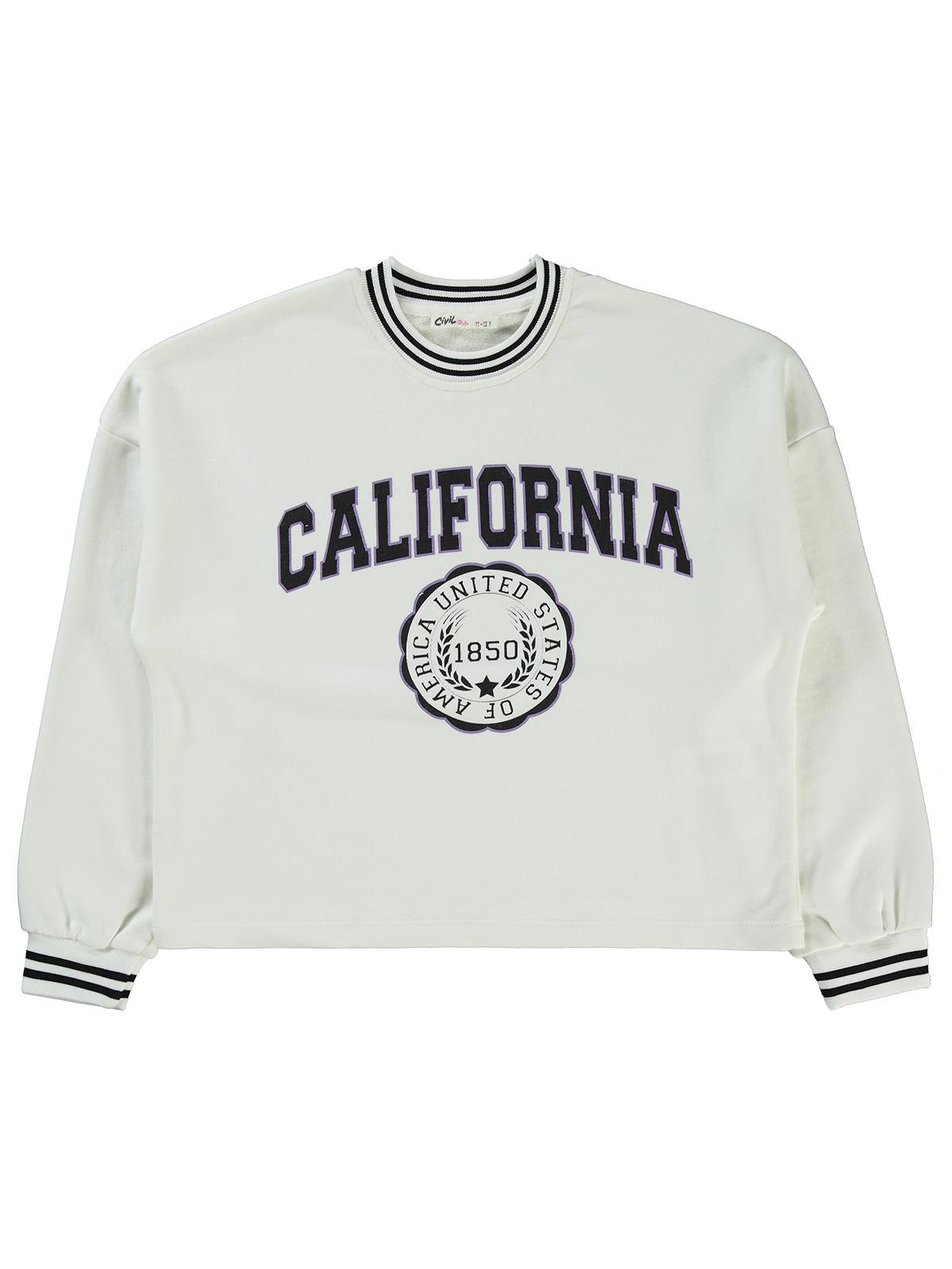 Civil Kız Çocuk California Baskılı Sweatshirt | 3 İp Şardonsuz | Okul Kreş ve Günlük Kullanım - Ekru