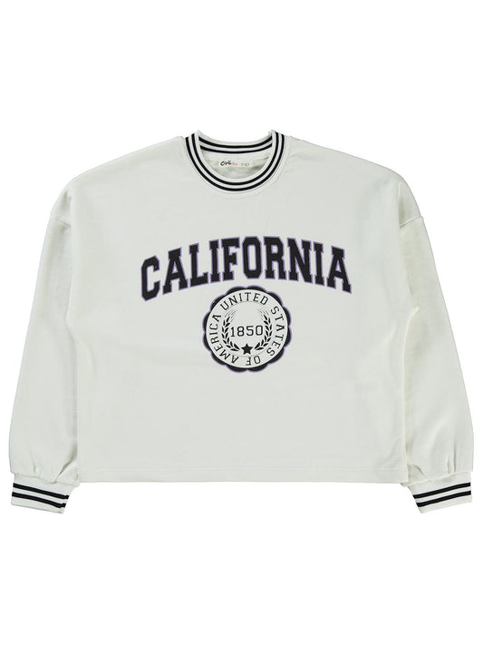 Civil Kız Çocuk California Baskılı Sweatshirt | 3 İp Şardonsuz | Okul Kreş ve Günlük Kullanım - Ekru