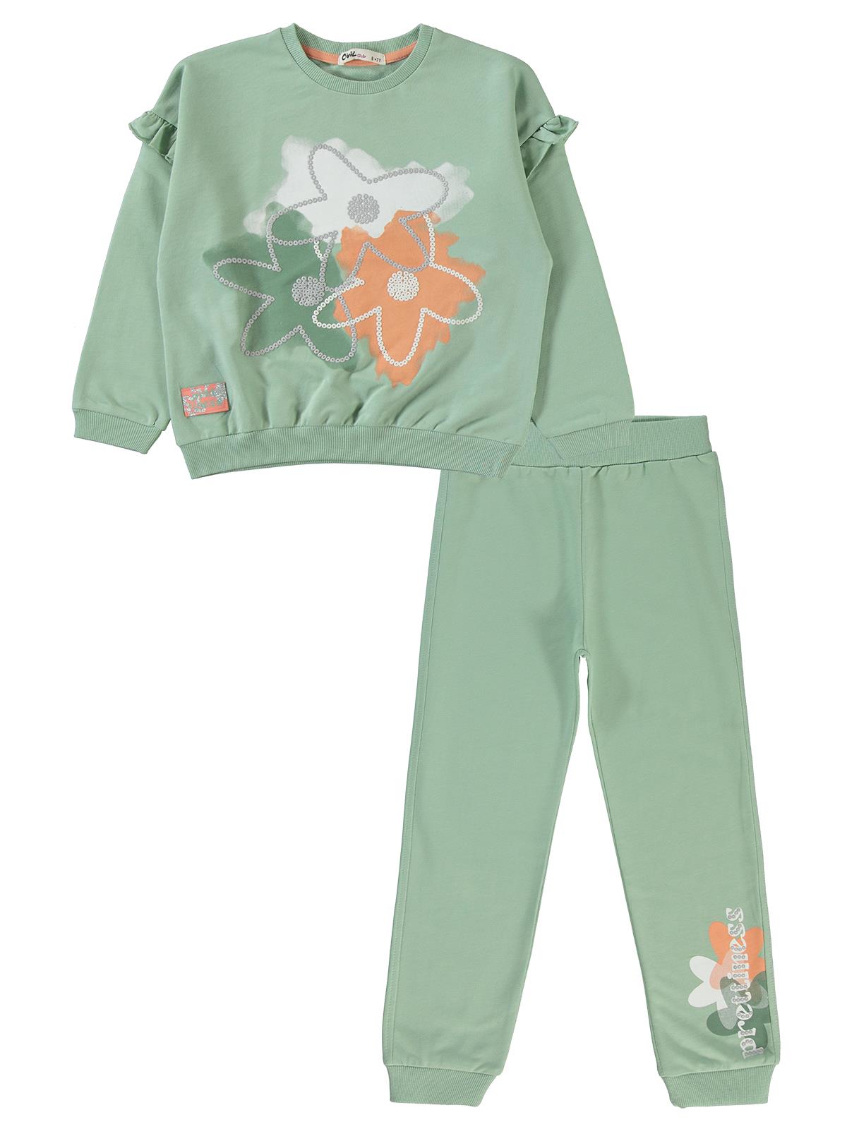 Civil Girls Flowers Baskılı 6-9 Yaş Eşofman Takımı - Yeşil