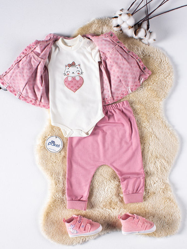 Mini Pakel Hırkalı Kedi Nakışlı 3'lü 1-6 Ay Takım - Pembe