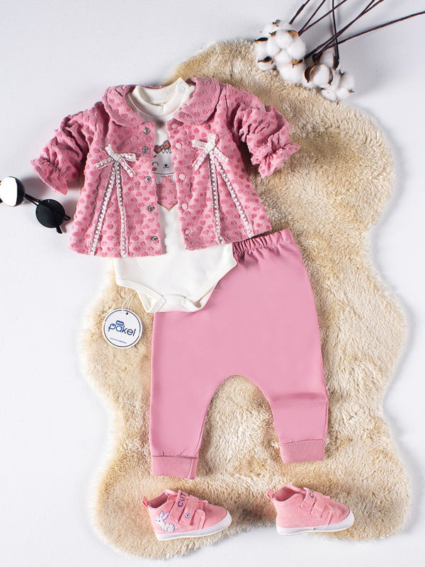 Mini Pakel Hırkalı Kedi Nakışlı 3'lü 1-6 Ay Takım - Pembe