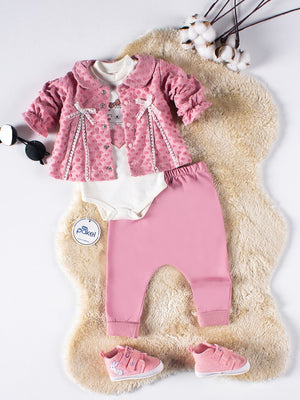 Mini Pakel Hırkalı Kedi Nakışlı 3'lü 1-6 Ay Takım - Pembe