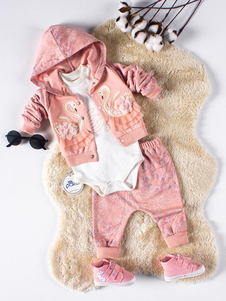Mini Pakel Kapüşonlu Kuğu Nakışlı 3'lü 1-6 Ay Takım - Pembe