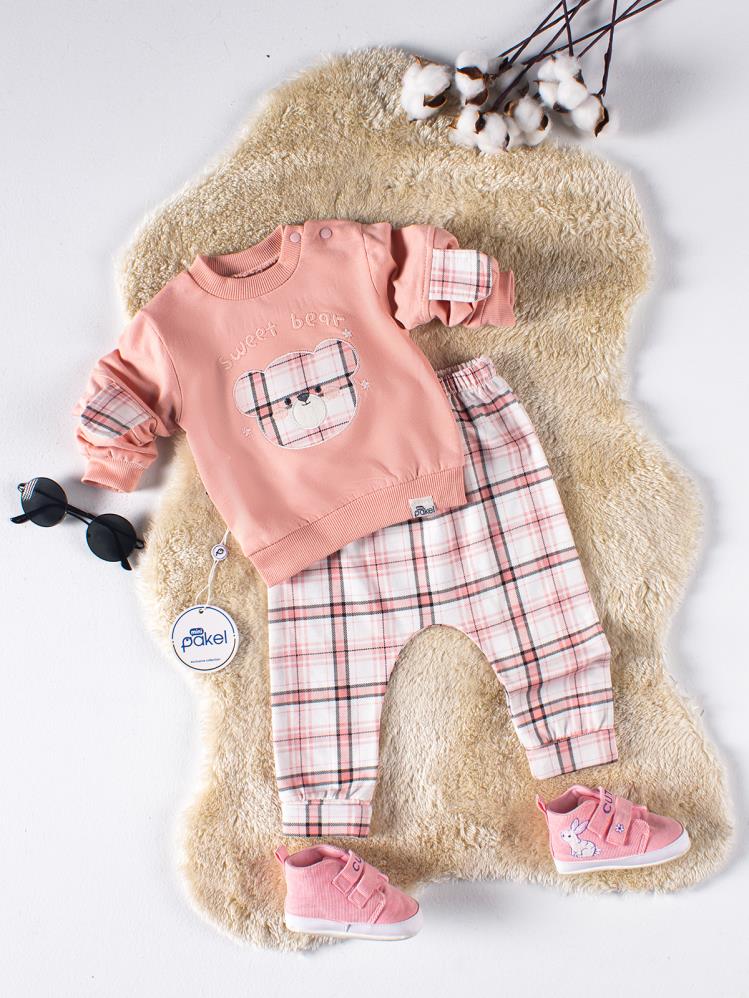 Mini Pakel Sweet Bear Nakışlı Omuzu Çıtçıtlı 2'li 6-12 Ay Takım - Pembe