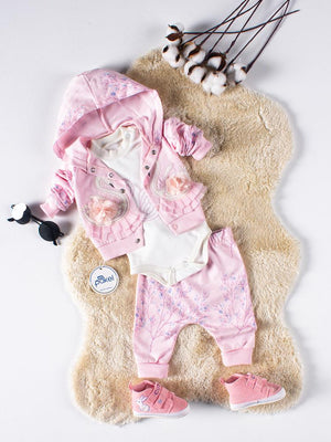 Mini Pakel Kapüşonlu Kuğu Nakışlı 3'lü 1-6 Ay Takım - Pembe