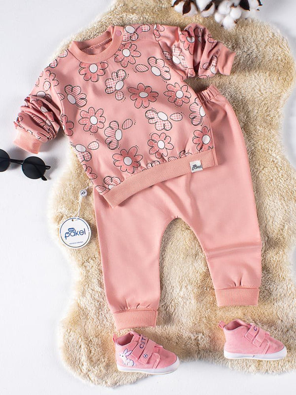 Mini Pakel Çiçek Baskılı Omuzu Çıtçıtlı 2'li 6-18 Ay Takım - Pembe