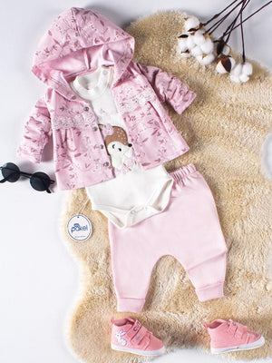 Mini Pakel Kapüşonlu Ceylan Nakışlı 3'lü 1-6 Ay Takım - Pembe